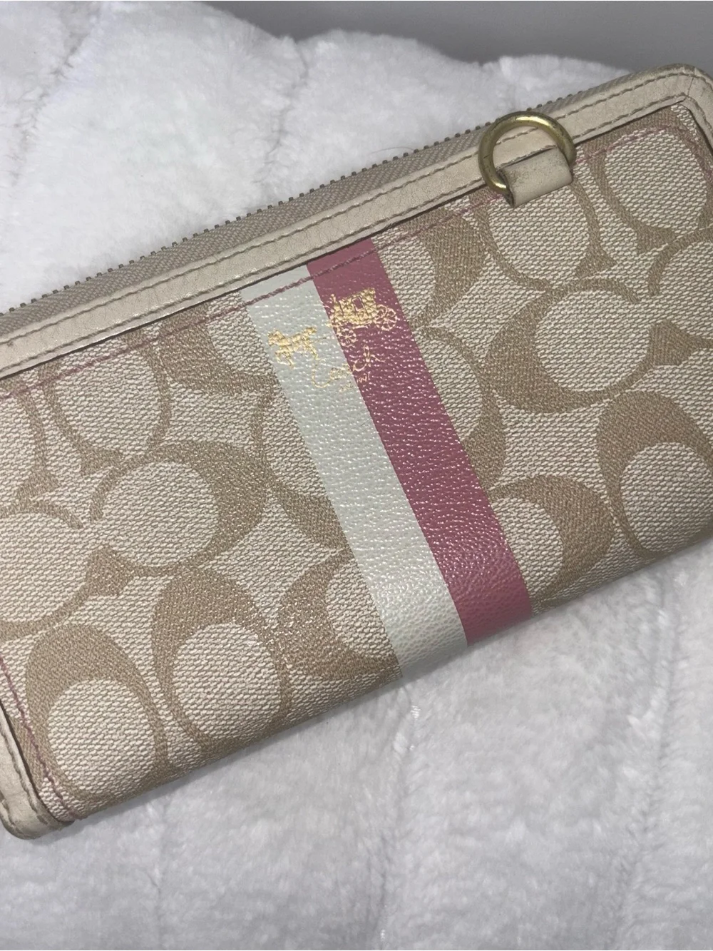 Coach Monogram Zip Wallet in Khaki, Cream & Pink Stripe